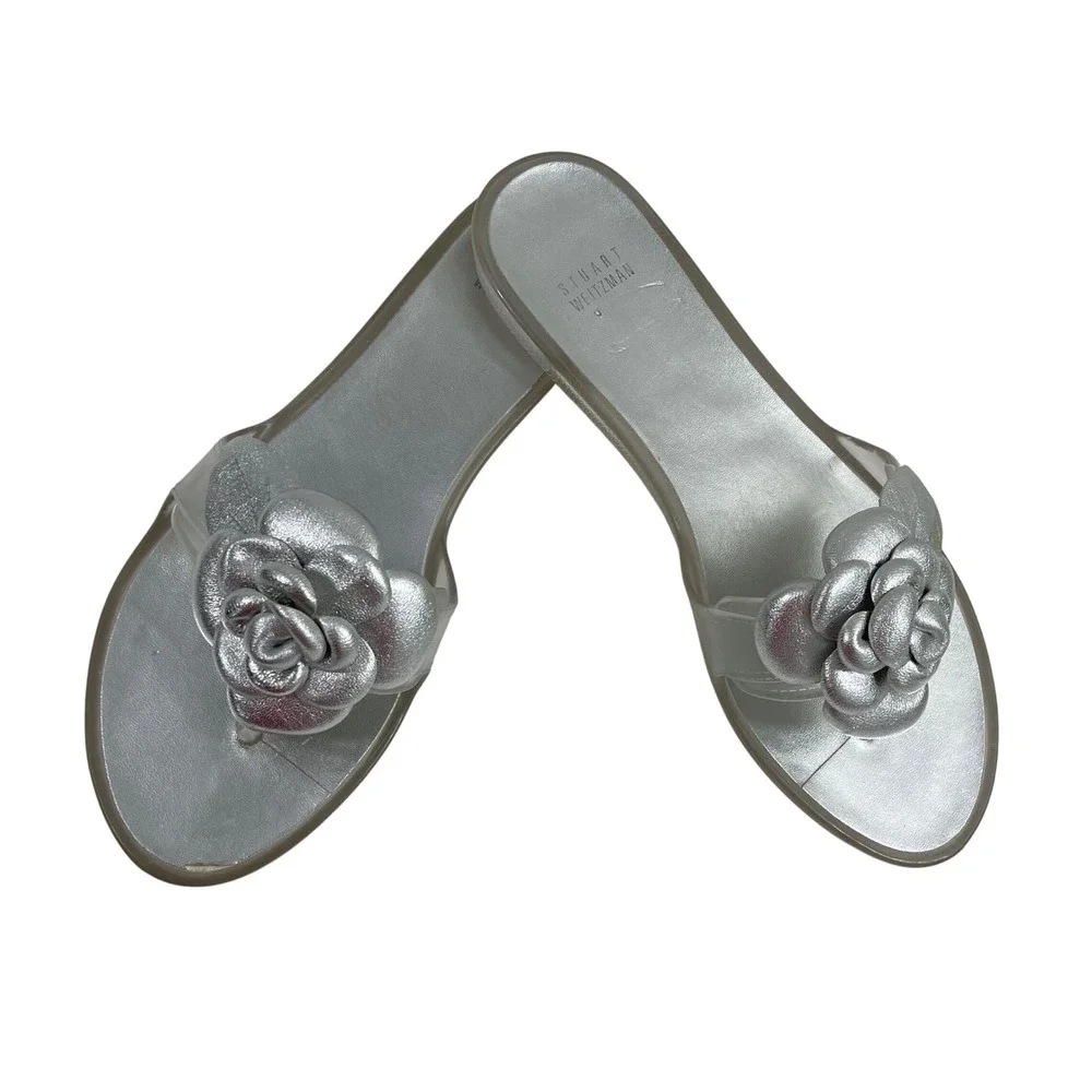 Stuart Weitzman Silver‎ Flower Jelly Thong Sandals Women's Size 9 - Picture 2 of 6